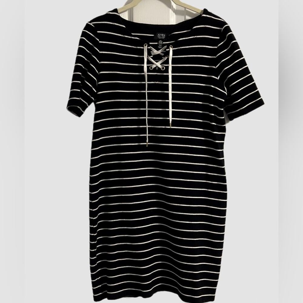 Jones New York Signature Black w/ White Stripe Lace-Up Neck‎ Cotton Dress Size S